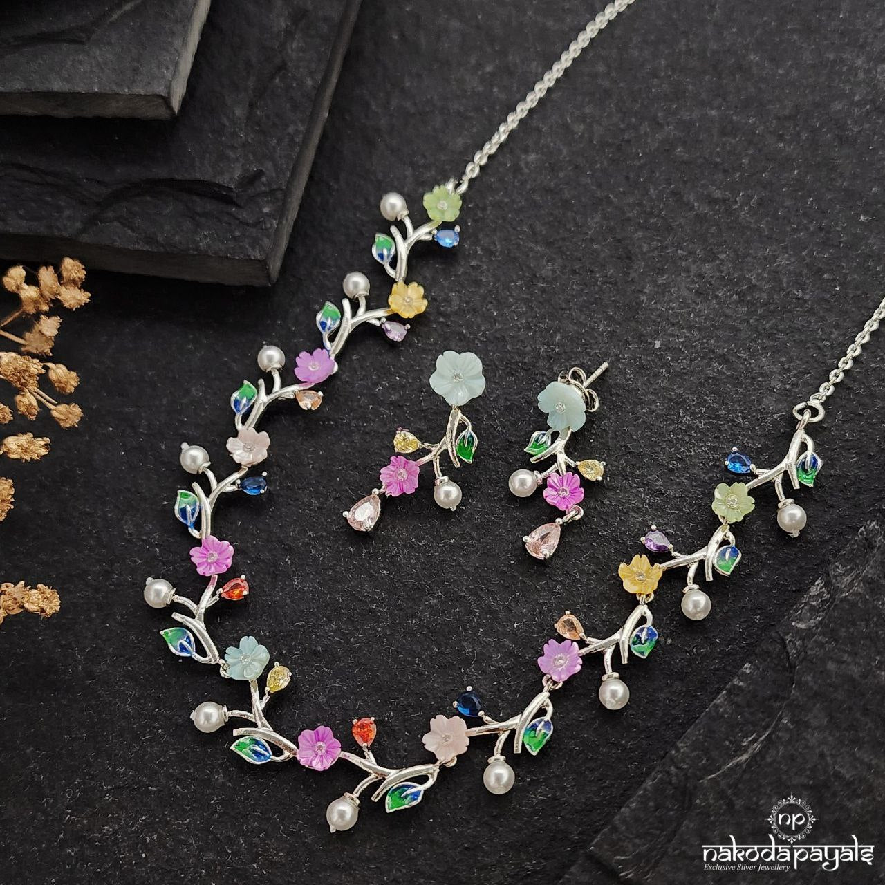 MultiColor Floral Neckpiece With Earrings (St3346)