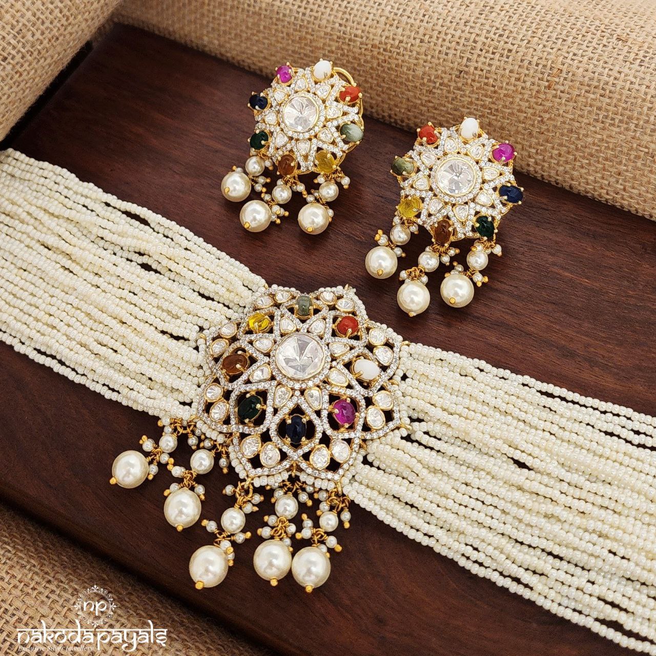 Navaratna Moissanite Choker With Earrings (Gn9010)