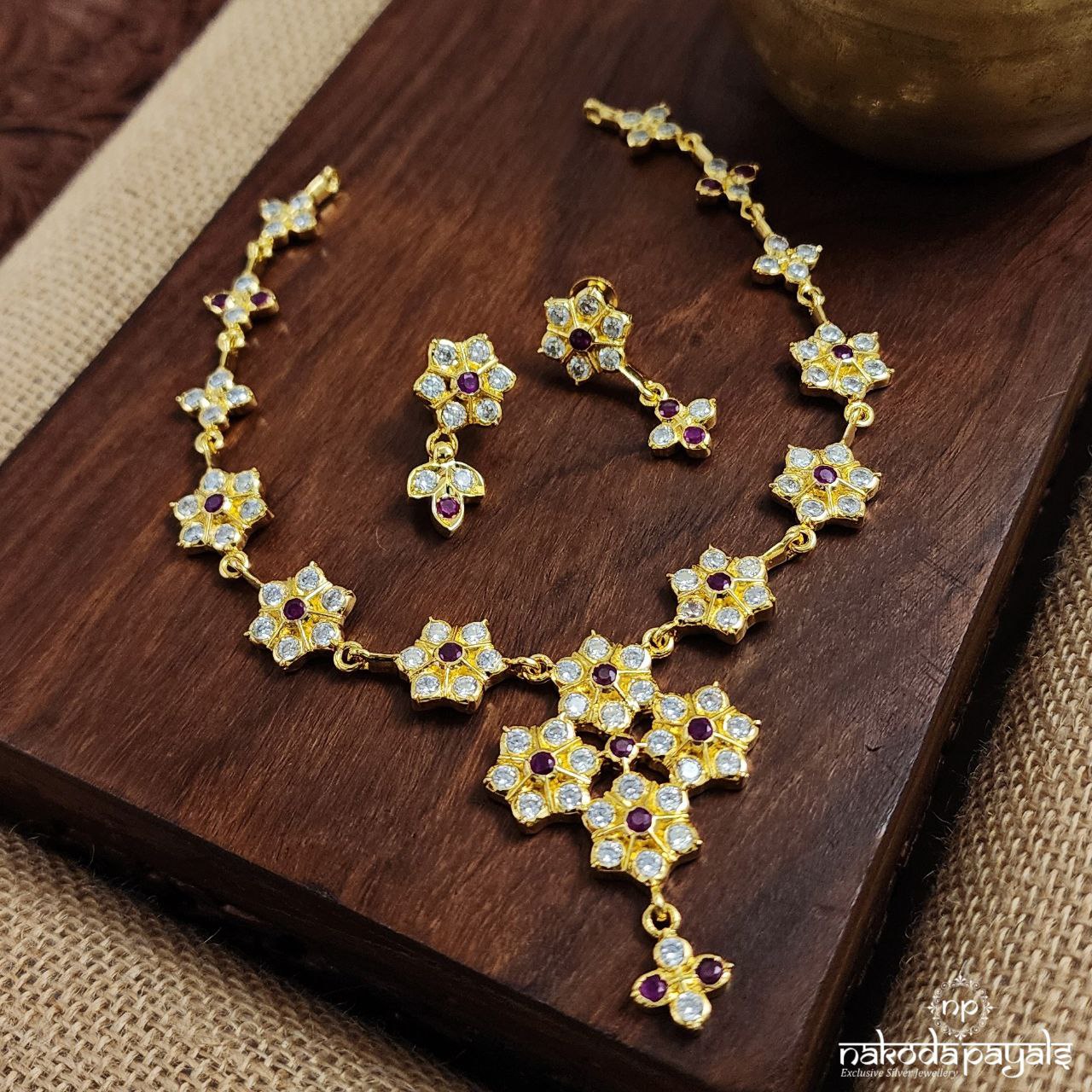 White & Pink Flower Neckpiece With Earrings (Gn8590)