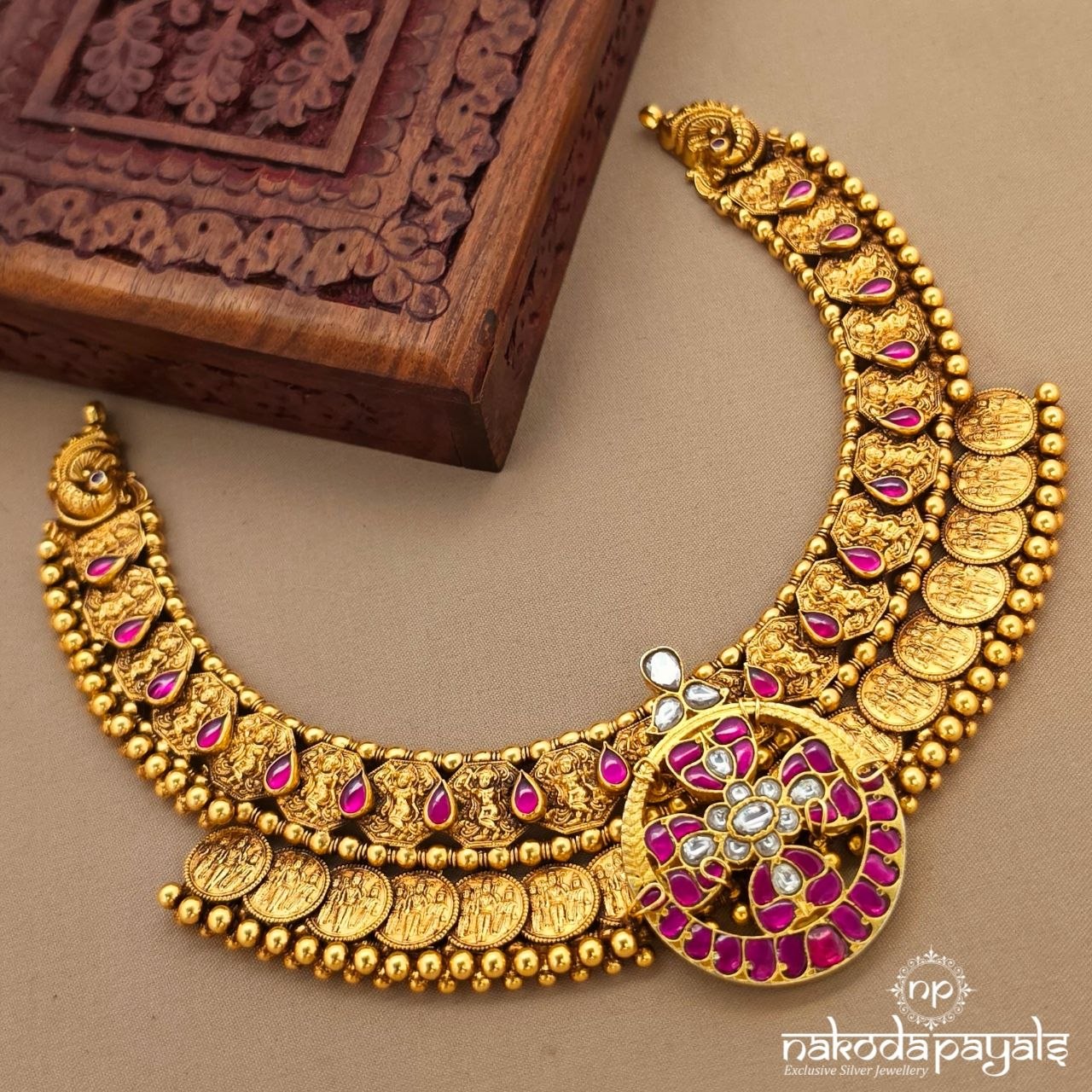 Elegant Pink Drop Rame Parivar kasu Neckpiece (Gn10654)