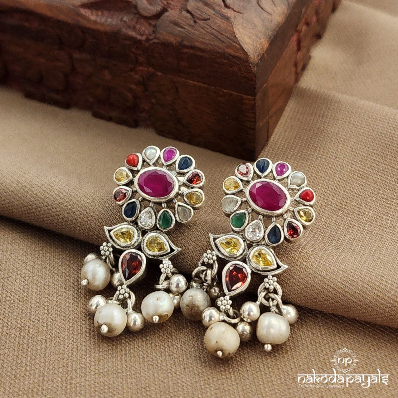 Pearled Drop Navaratna Earrings (C3863)