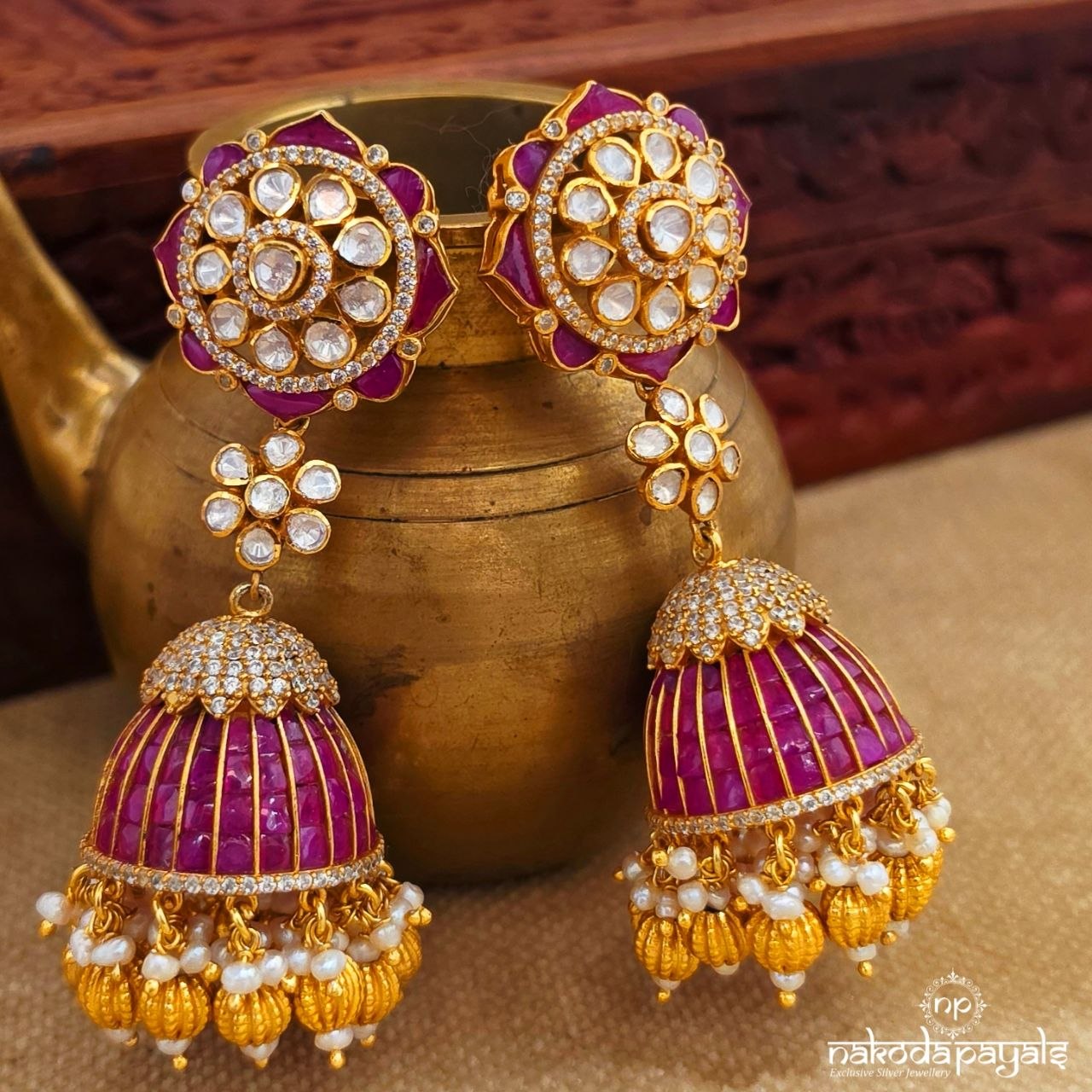Pink Floral Pearly Jhumka (Ge11170)