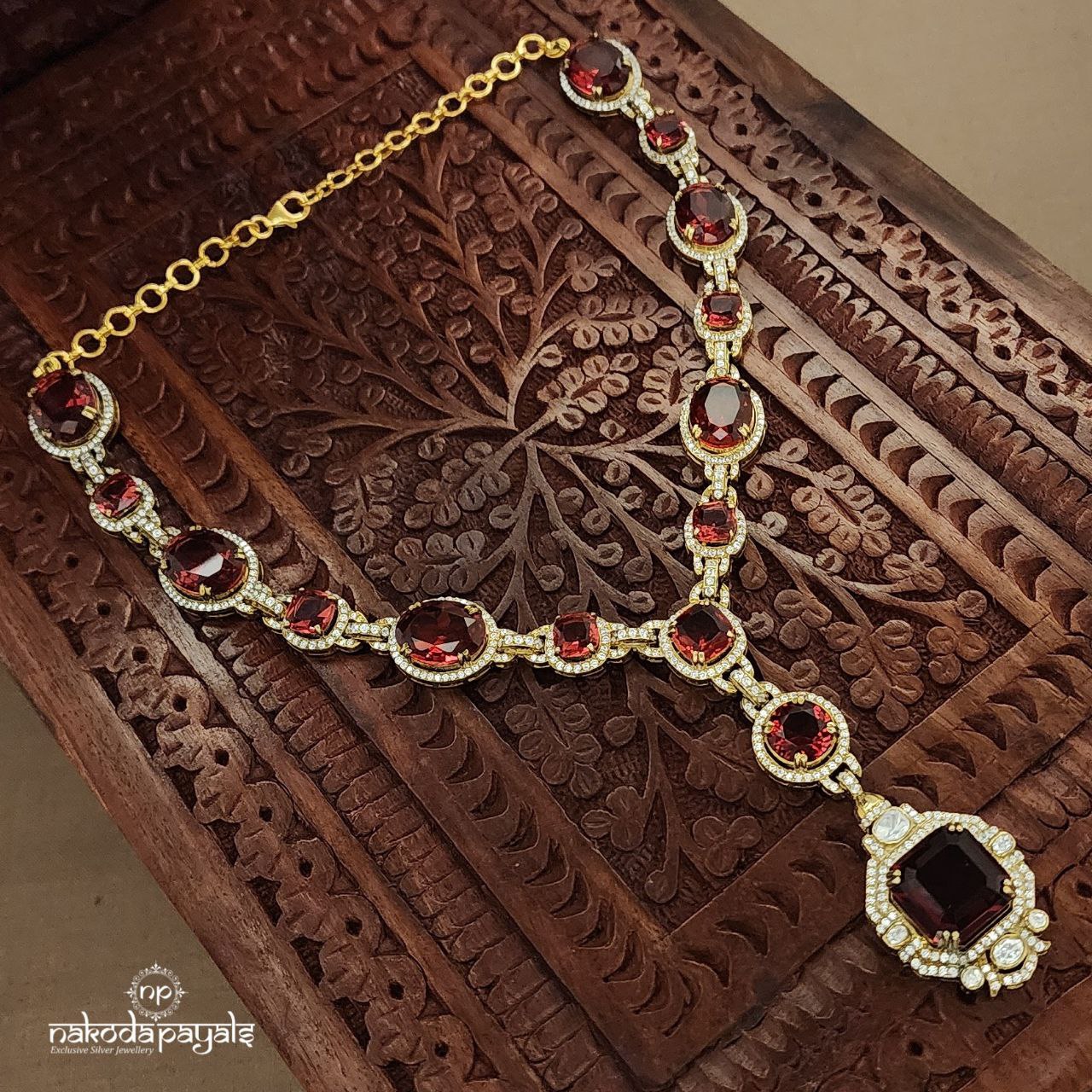 Ruby Red Moissanite Neckpiece With Earrings (Gn9178)