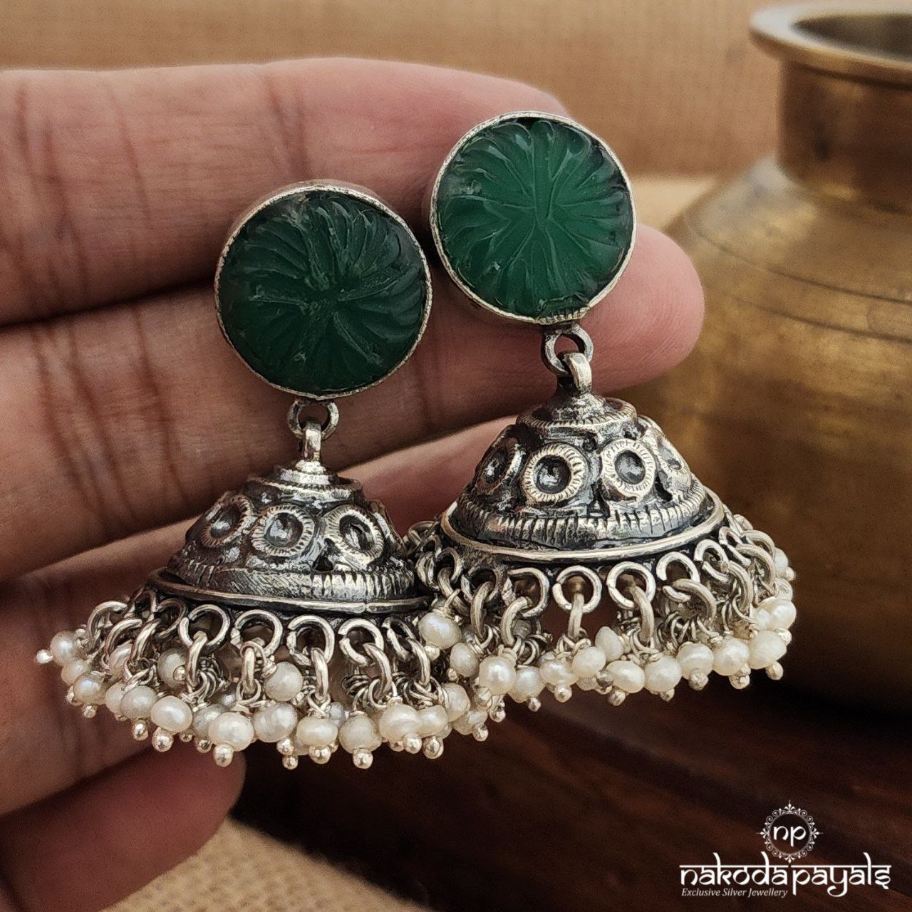 Oxidised Green Stone Jhumka(J1267)