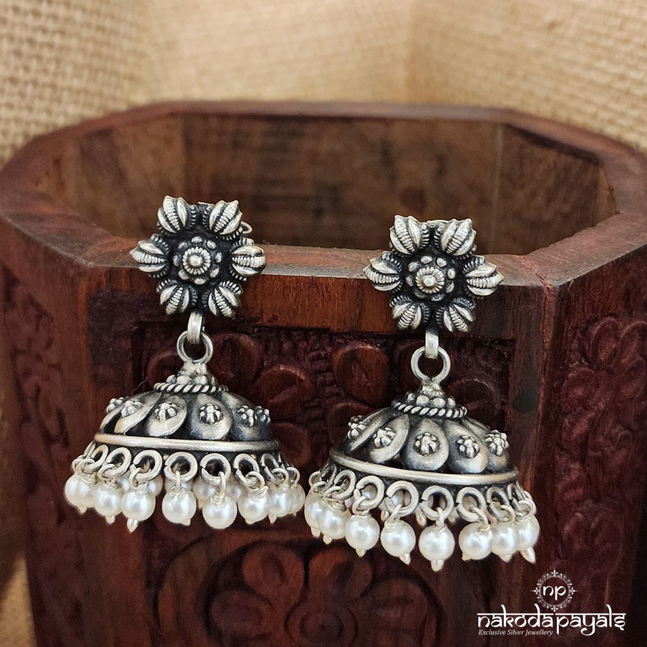 Flower Shaped Oxidised Finish With Pearled Jhumka (J7999)