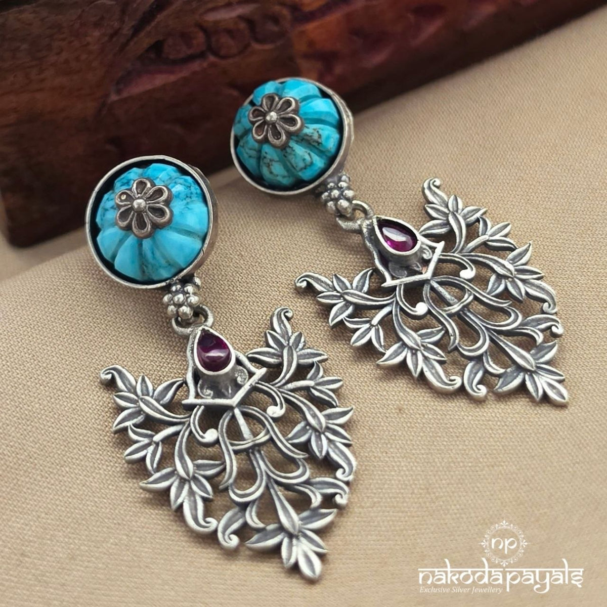 Turquoise Floral Leafy Chandbali (C4288)