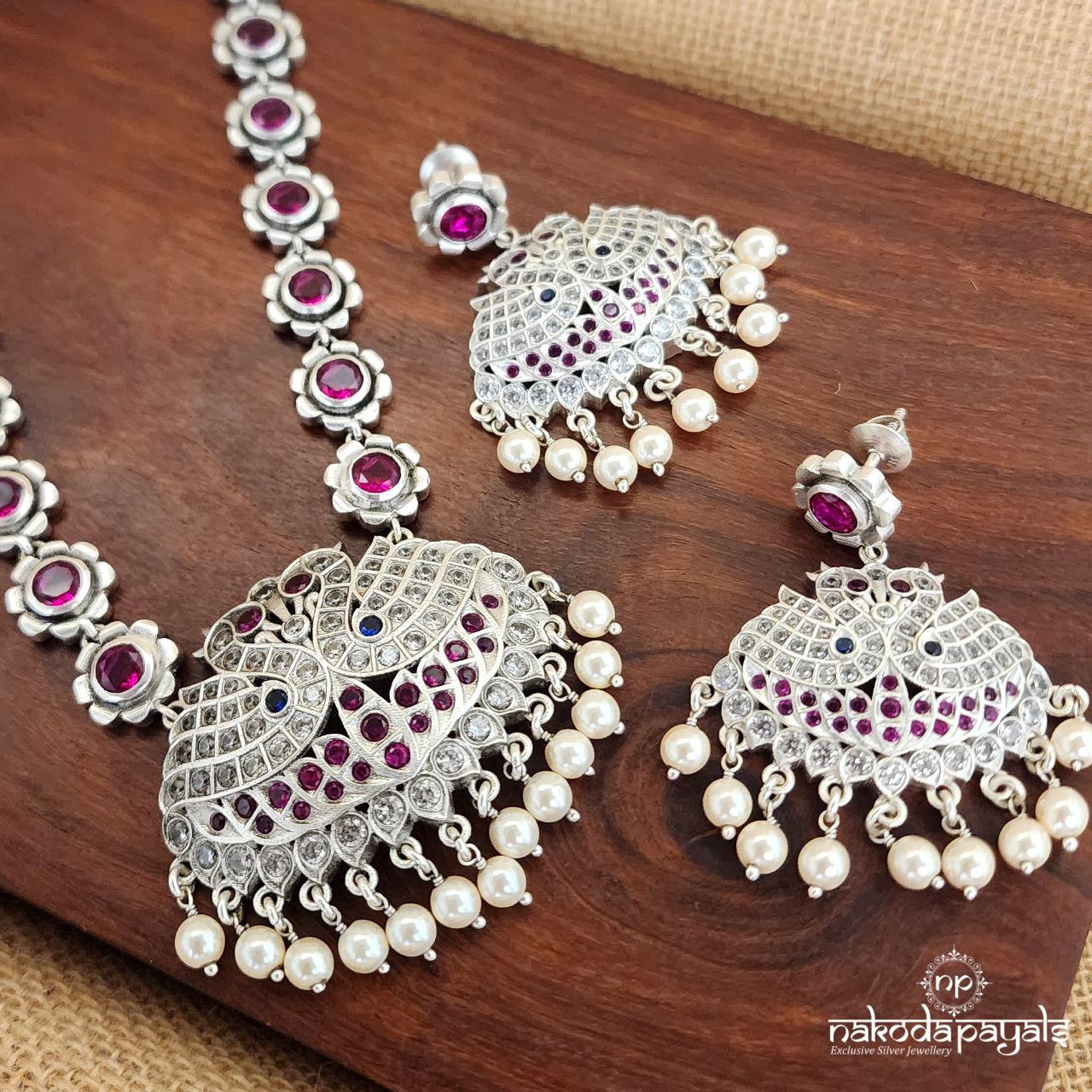 Twin Peacock Pink Neckpiece With Earrings (N10153)