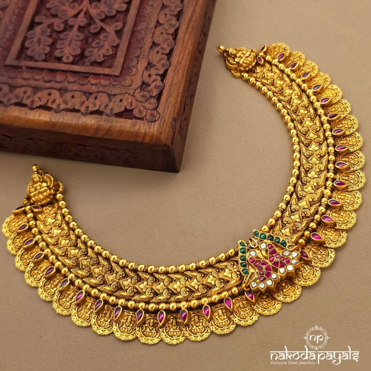 Twin Peacock Lakshmi Coin Neckpiece (Gn10655)