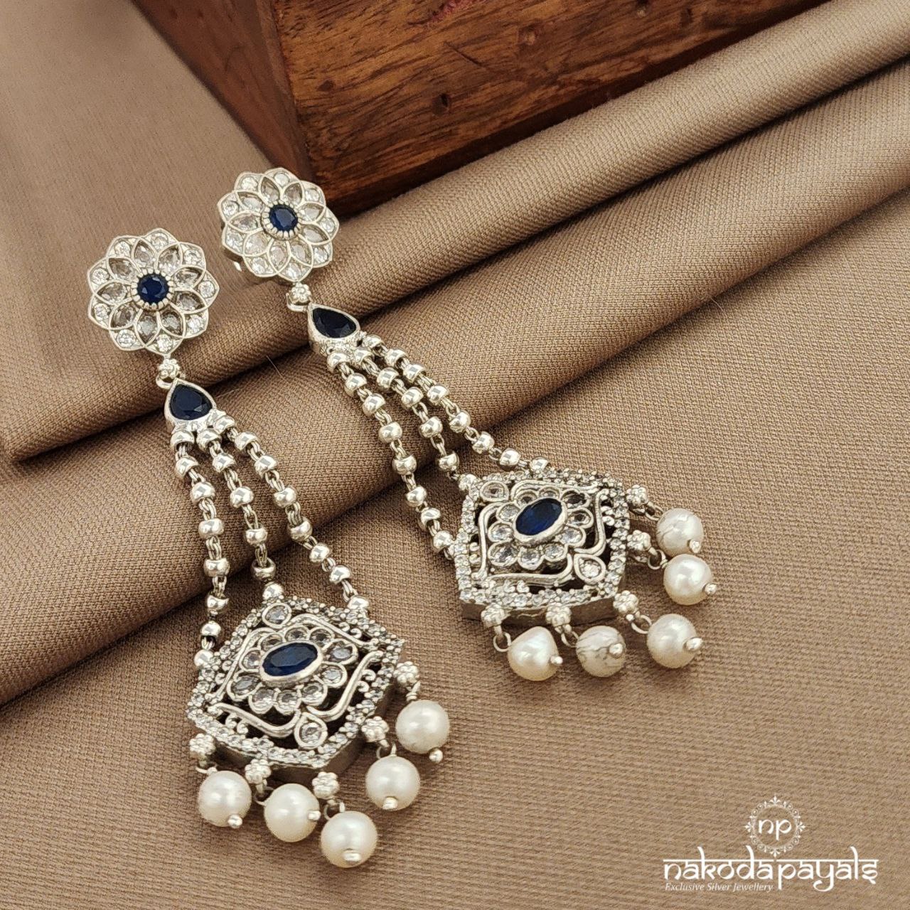 White Floral Blue Earrings (C3810)