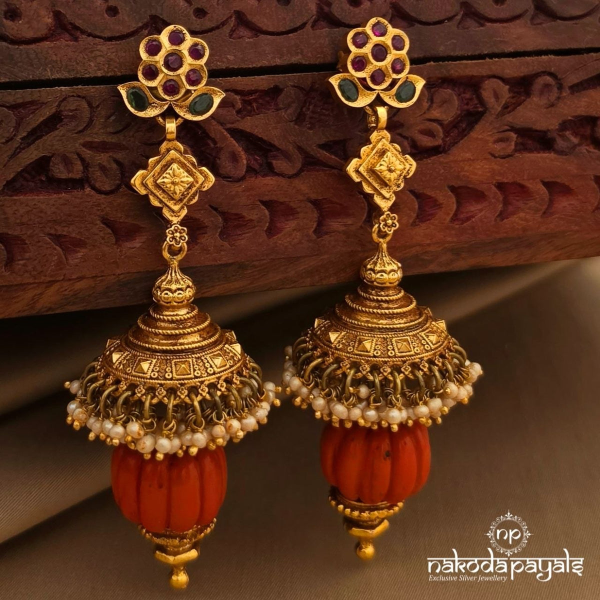 Pink Floral Coral Jhumka (Ge11503)