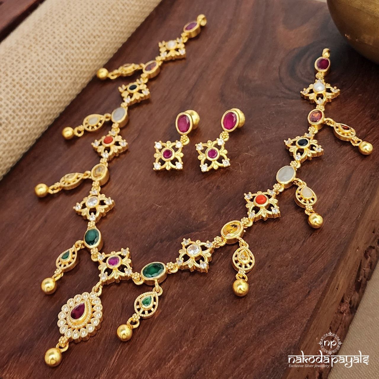 Navaratna Oval Neckpiece With Earrings (Gn9625)