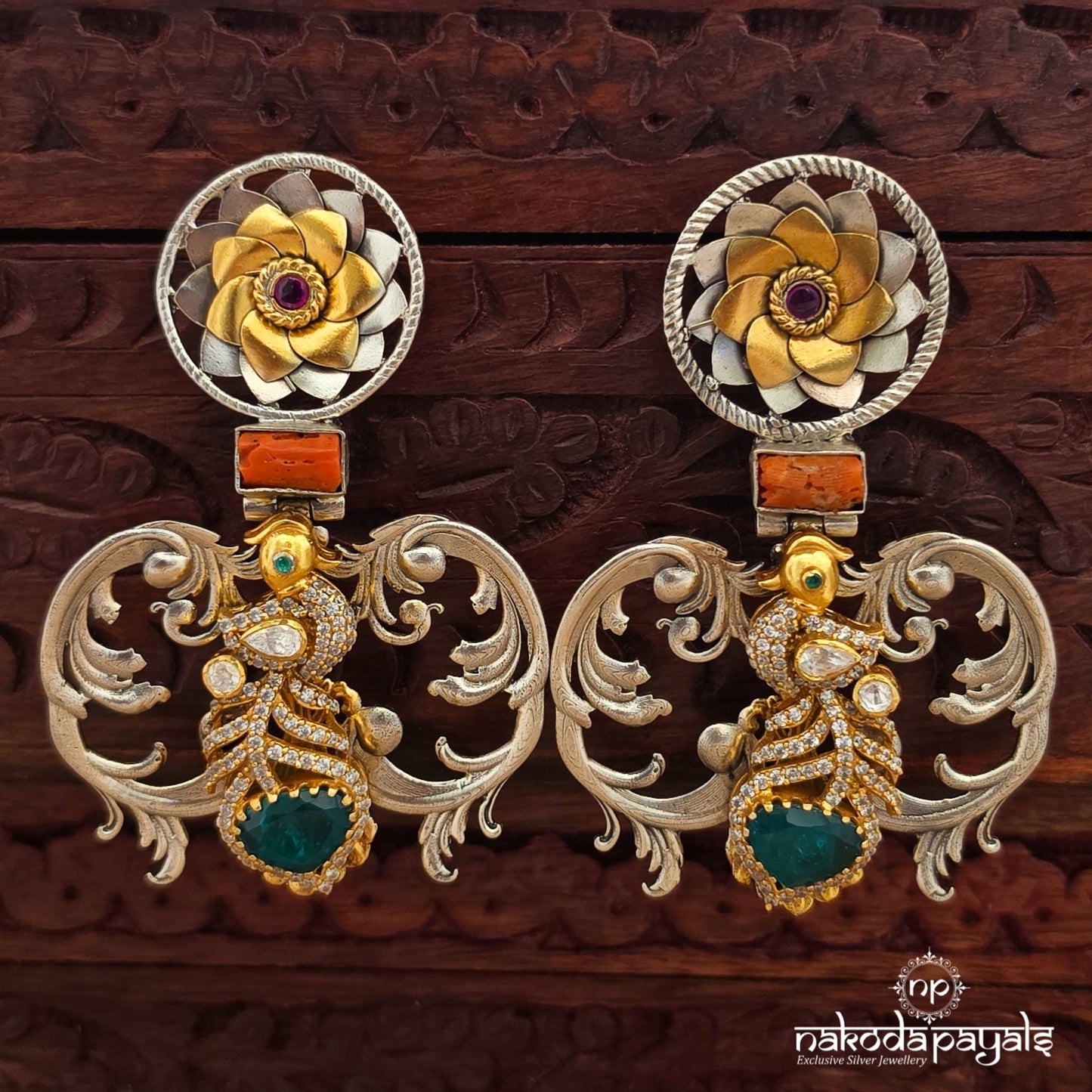 Cute Green Peacock Floral Moissanite Earrings (C4109)