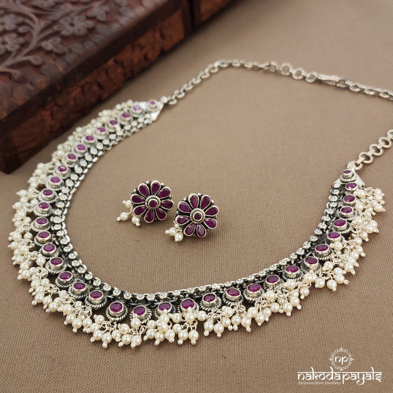 Dotted Pink Neckpiece With Earrings (N11458)