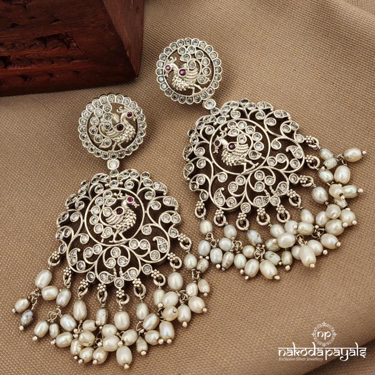 White Peacock Pearled Drop Earrings (C3923)