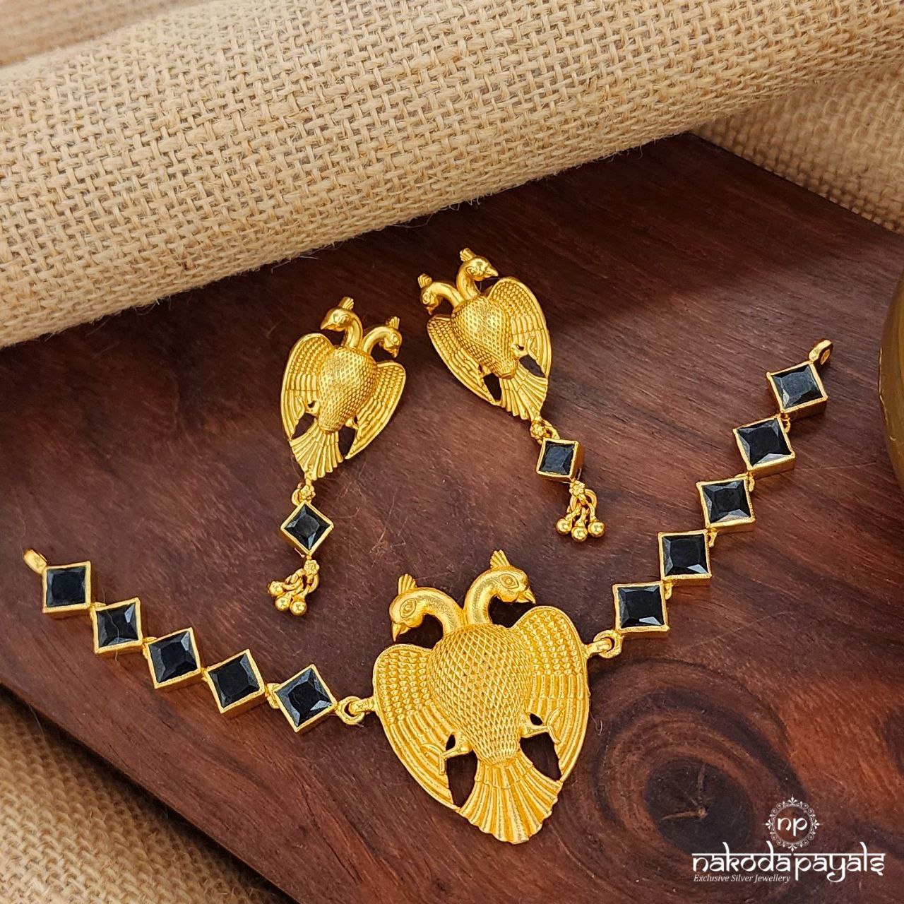Black Gandaberunda Choker With Earrings (Gn9430)
