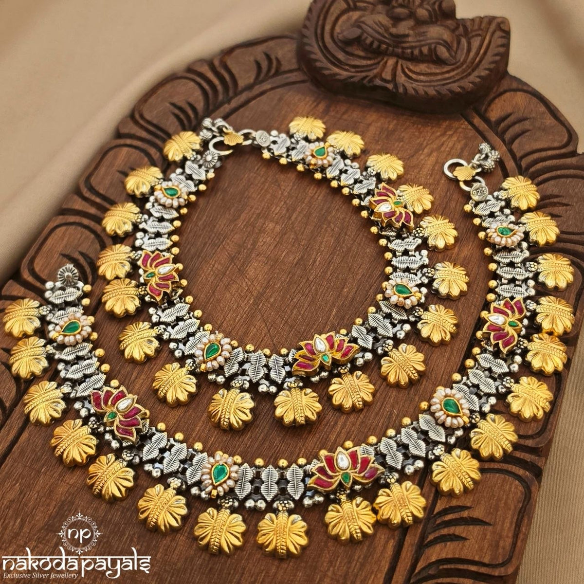Pink Lotus Floral Dual tone Anklet (A7167)