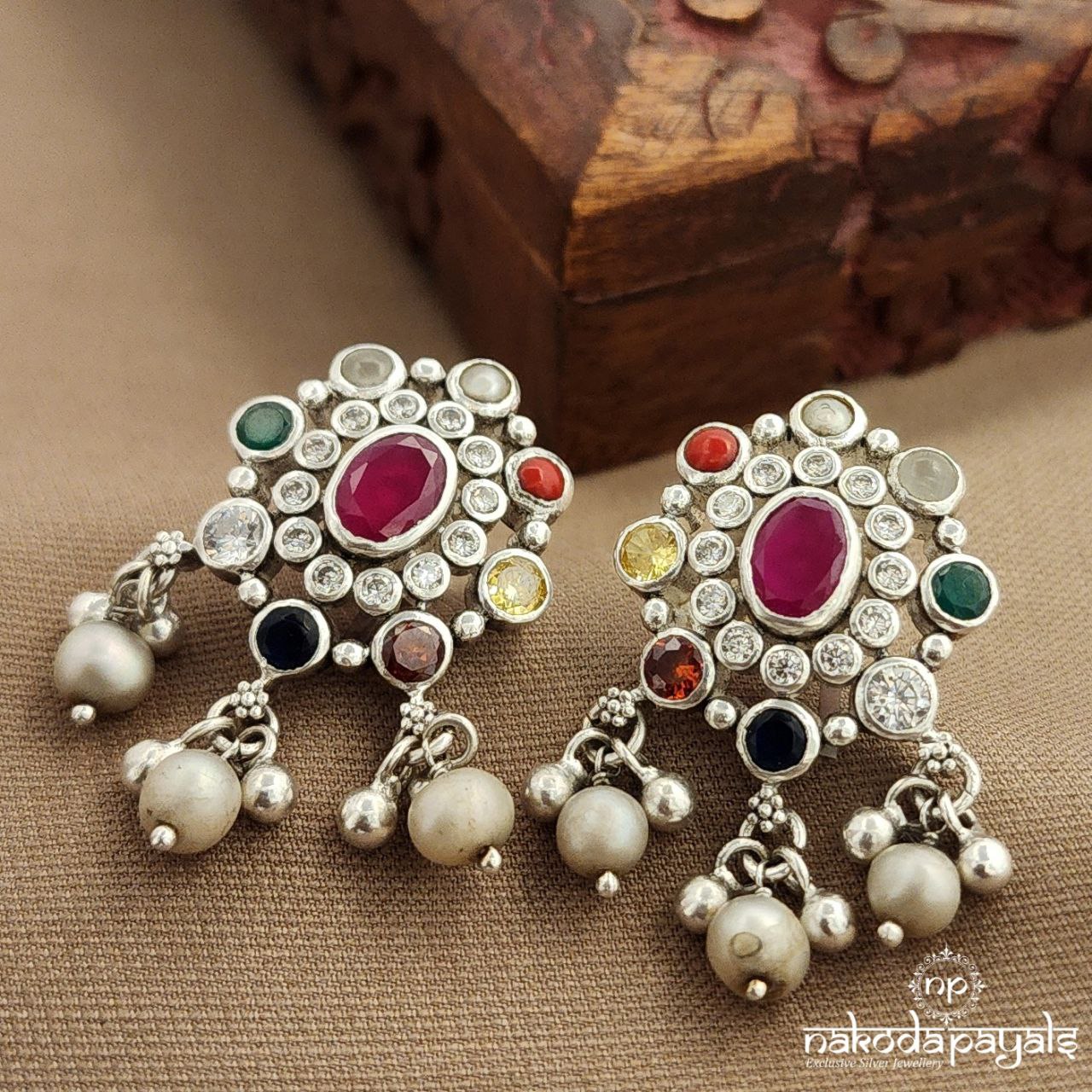 Oval Navaratna Pearled Drop Studs (S3829)