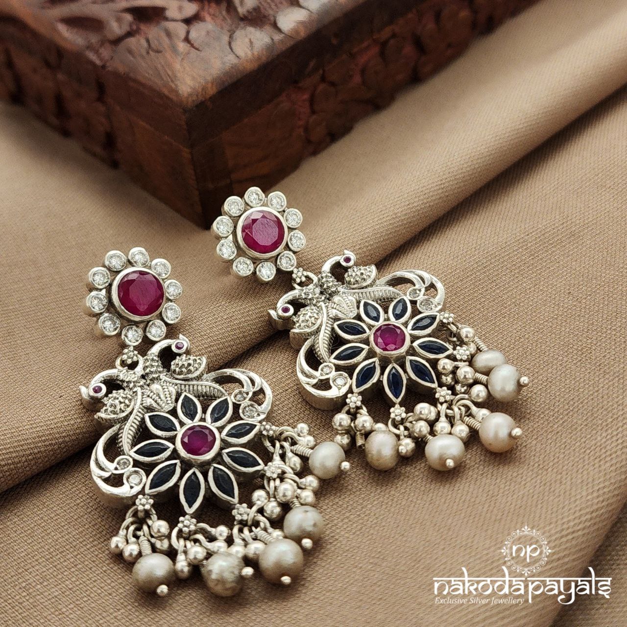 Twin Peacock Pearled Drop Earrings (C3830)