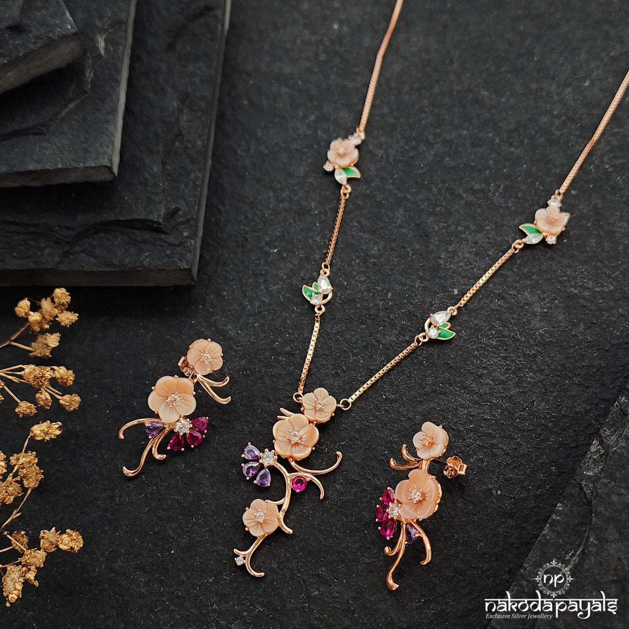 Rose Gold Bloomista Neckpiece With Earrings (St3349)