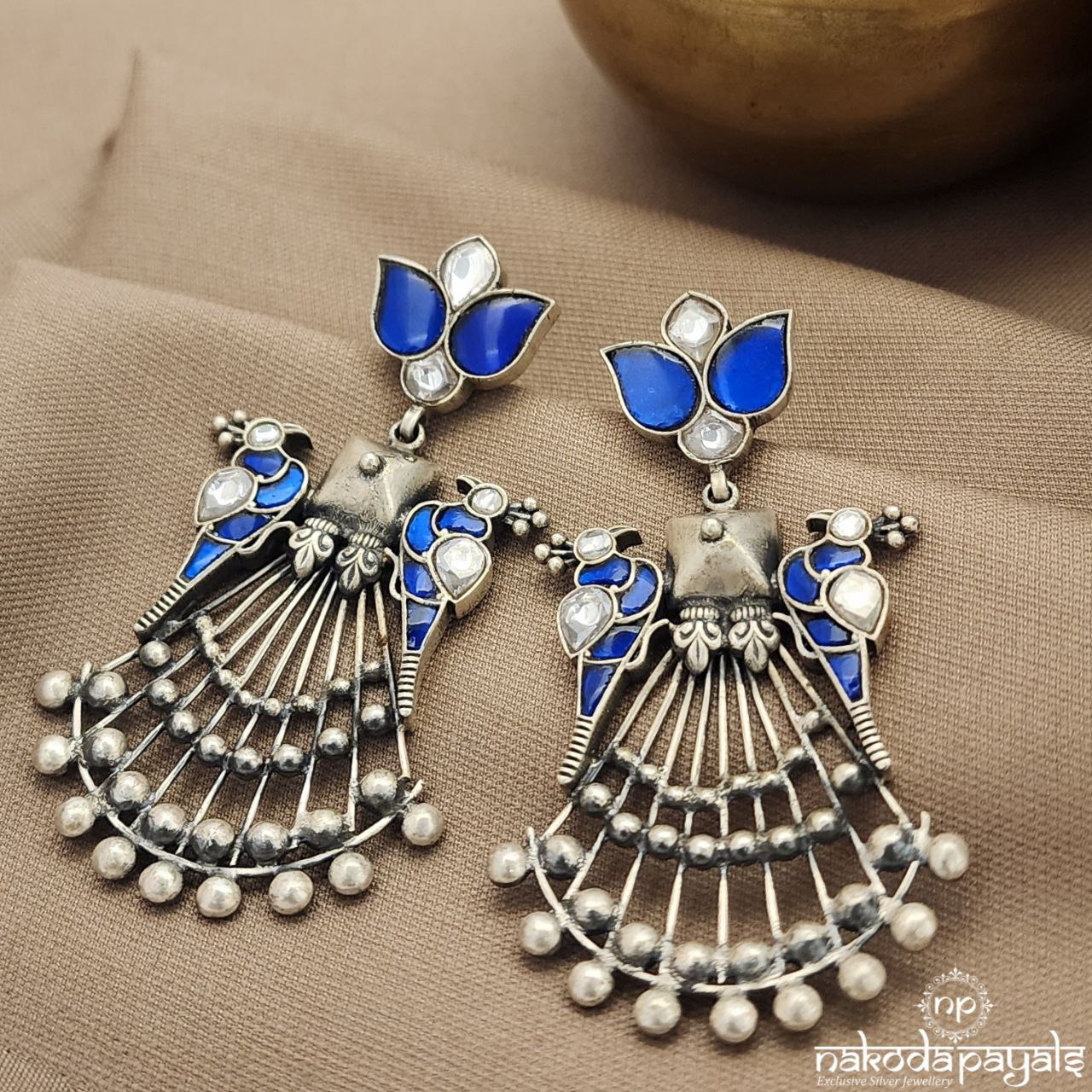 Blue Twin Peacock Kundan Earrings (C3767)