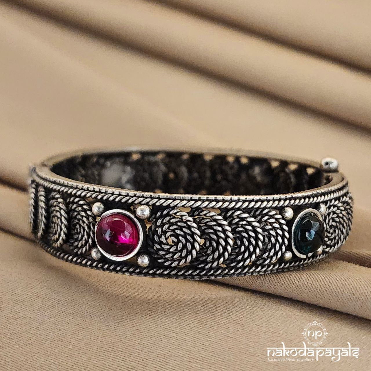 Pink & Green Circled Oxidised Kada (K3939)
