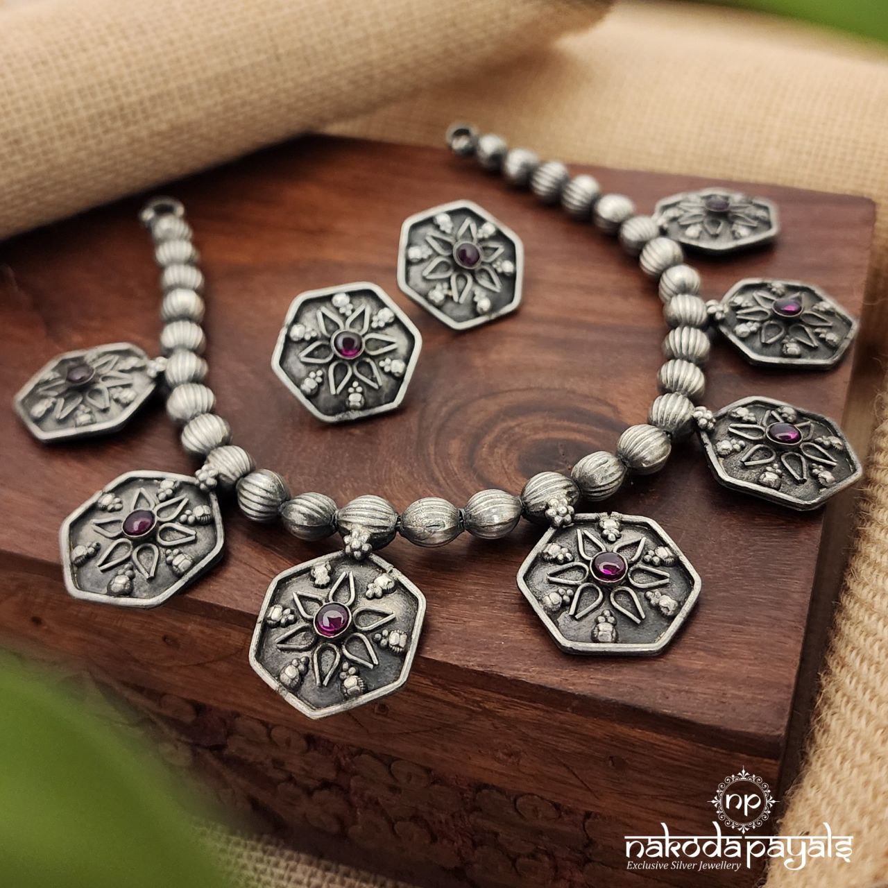Ruby Hexogonal Neckpiece With Earrings (N10092)