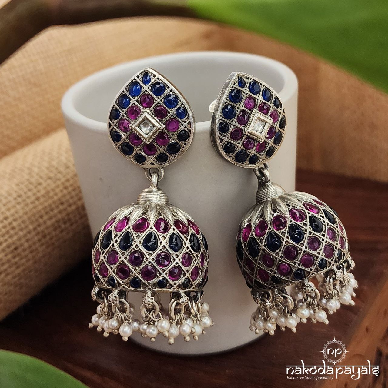 Blue & Pink Dots Big Jhumka (C8186)