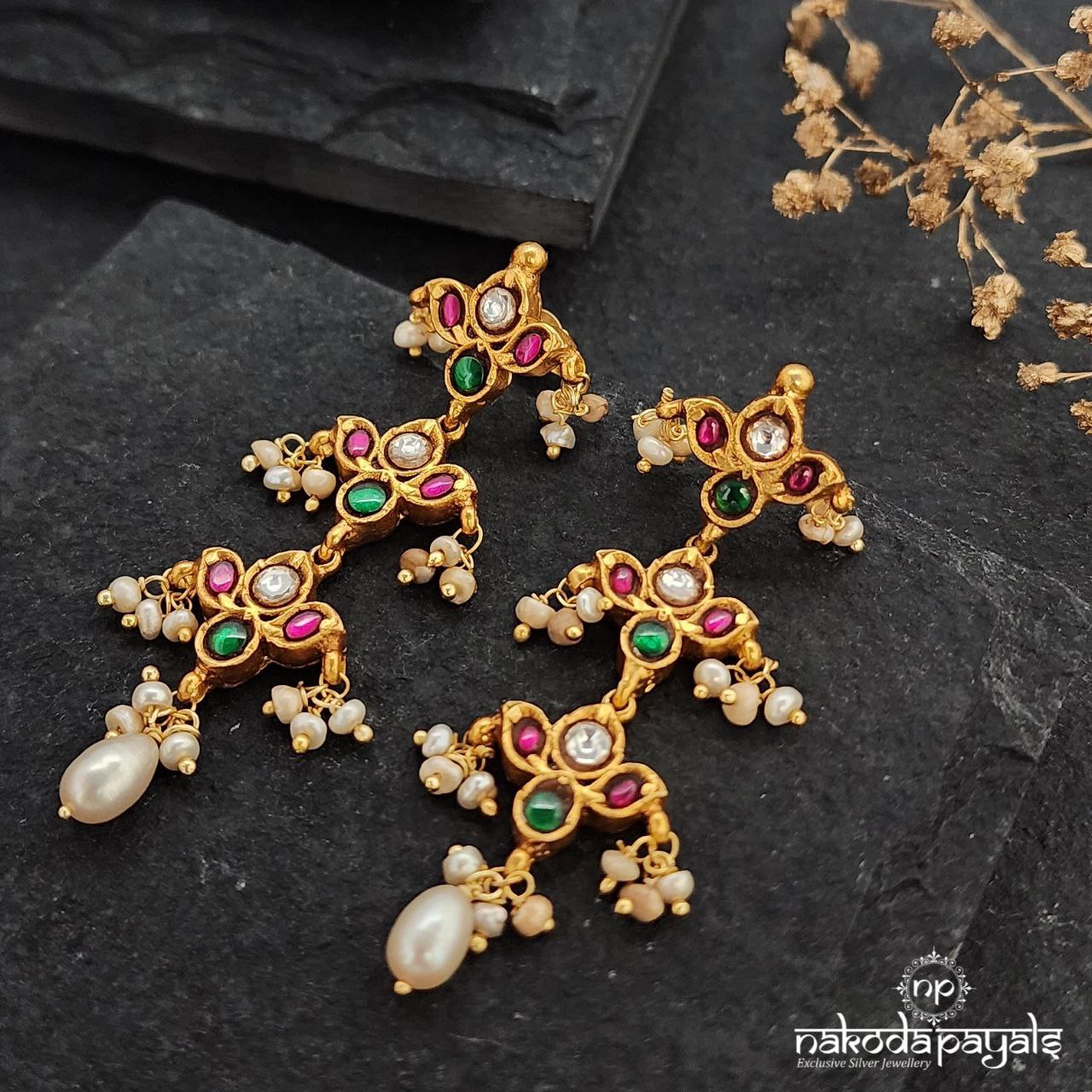 MultiColor Lotus Pearled Drop Earrings (Ge8861)