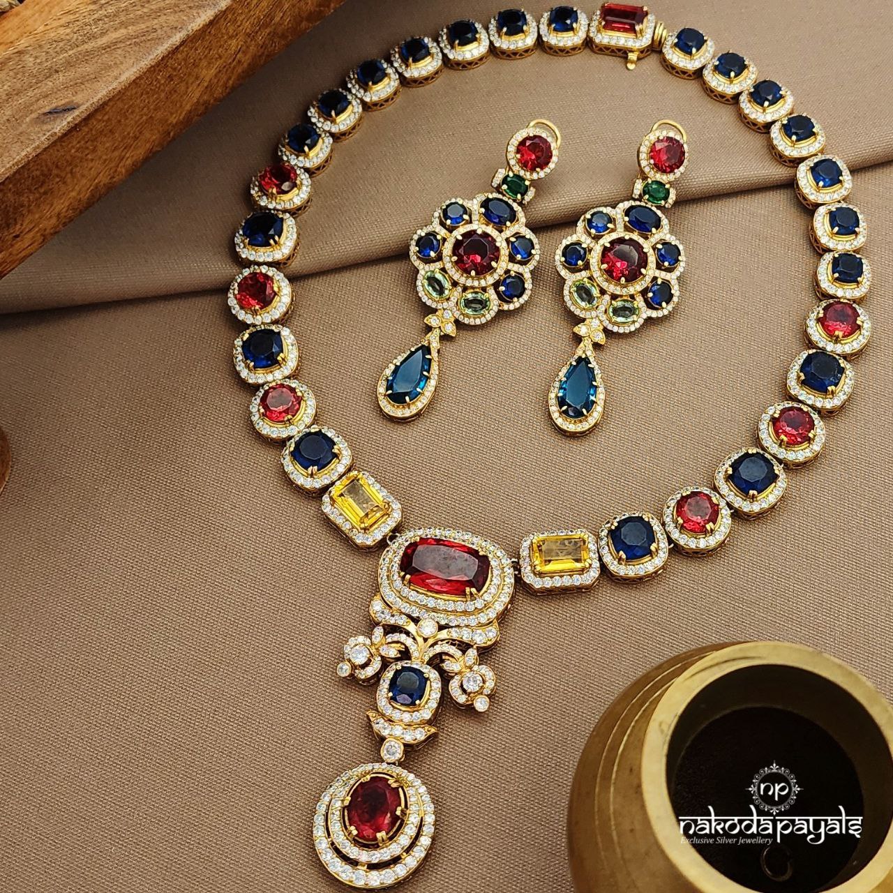 Colorful Moissanite Neckpiece With Earrings (Gn9571)