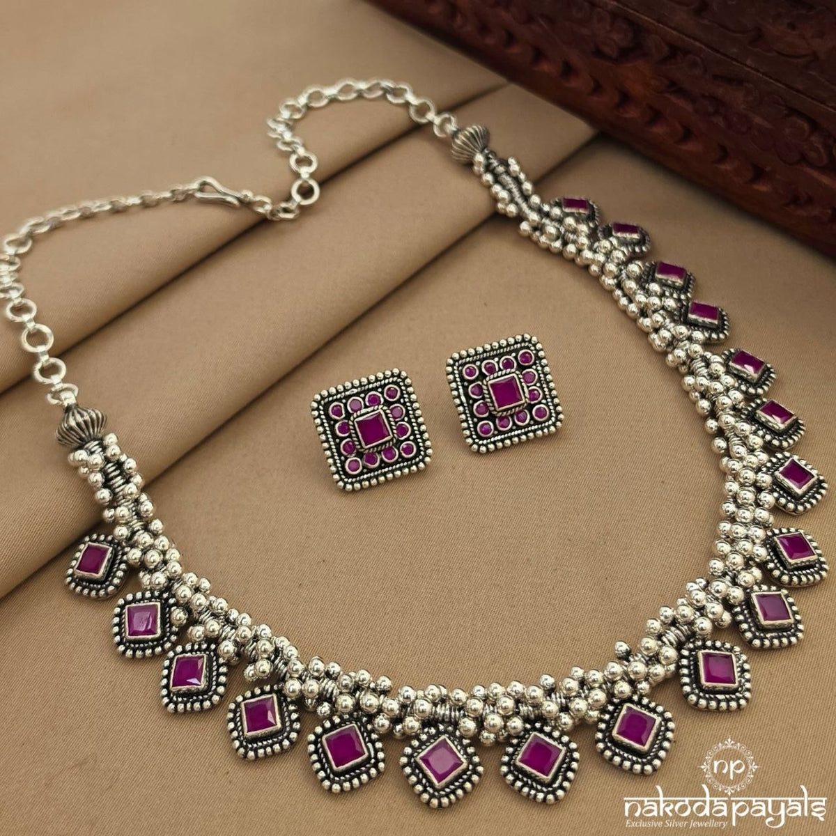 Squarish Pink Balls Neckpiece With Earrings (N12179)