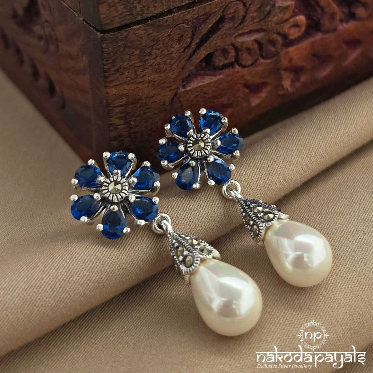 Blue Pearl Drop Marcasite Earrings (St4173)