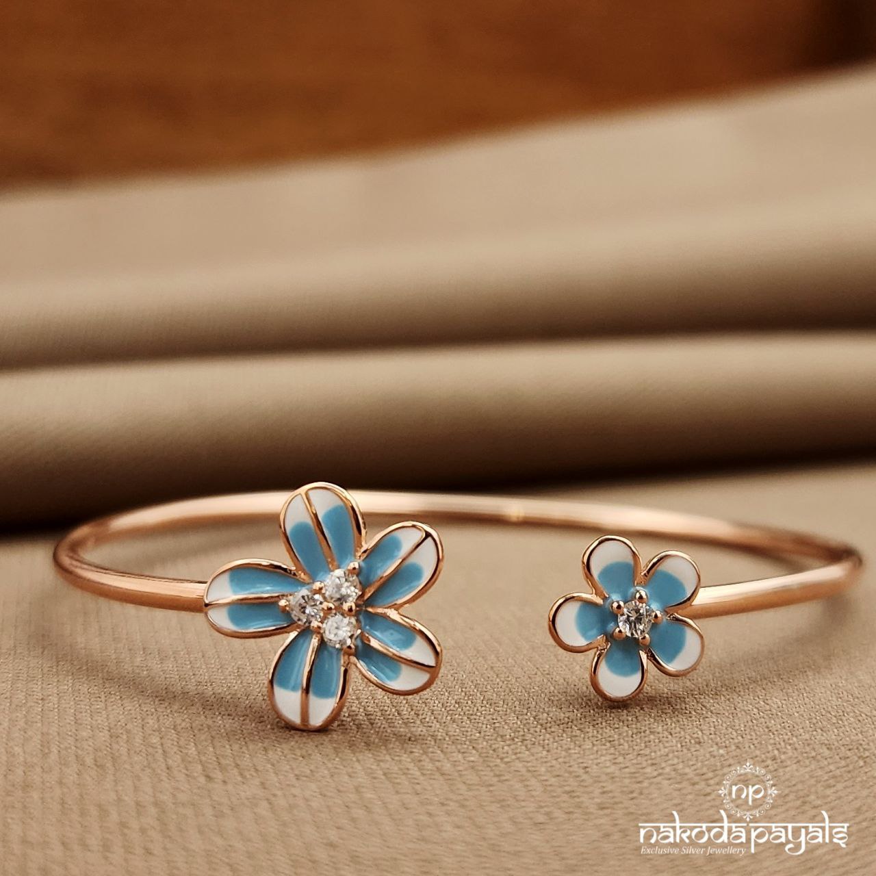 Rose Gold Floral Blue Adjustable Kada (St3847)
