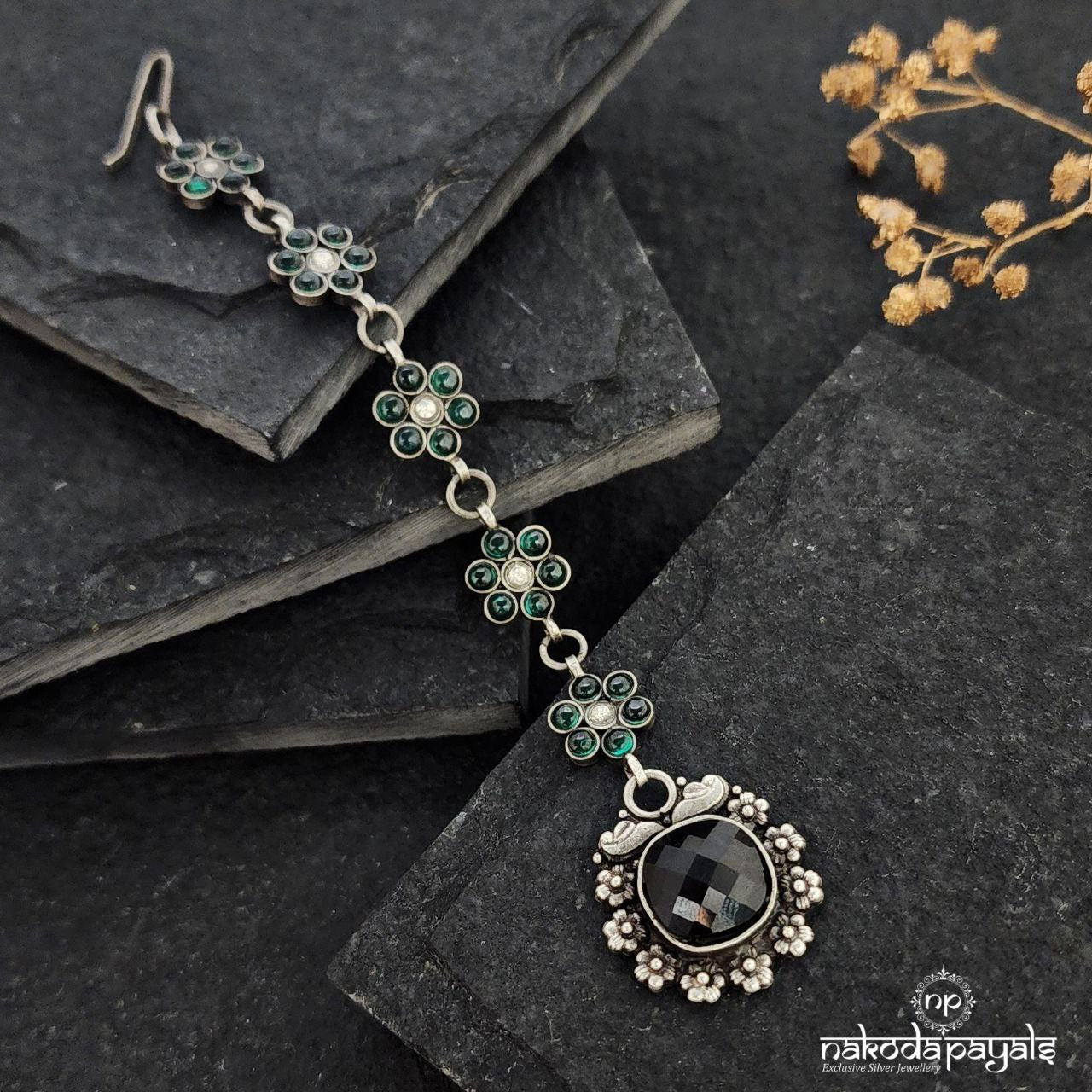 Black Drop Green Flower Maang Tikka (M0385)