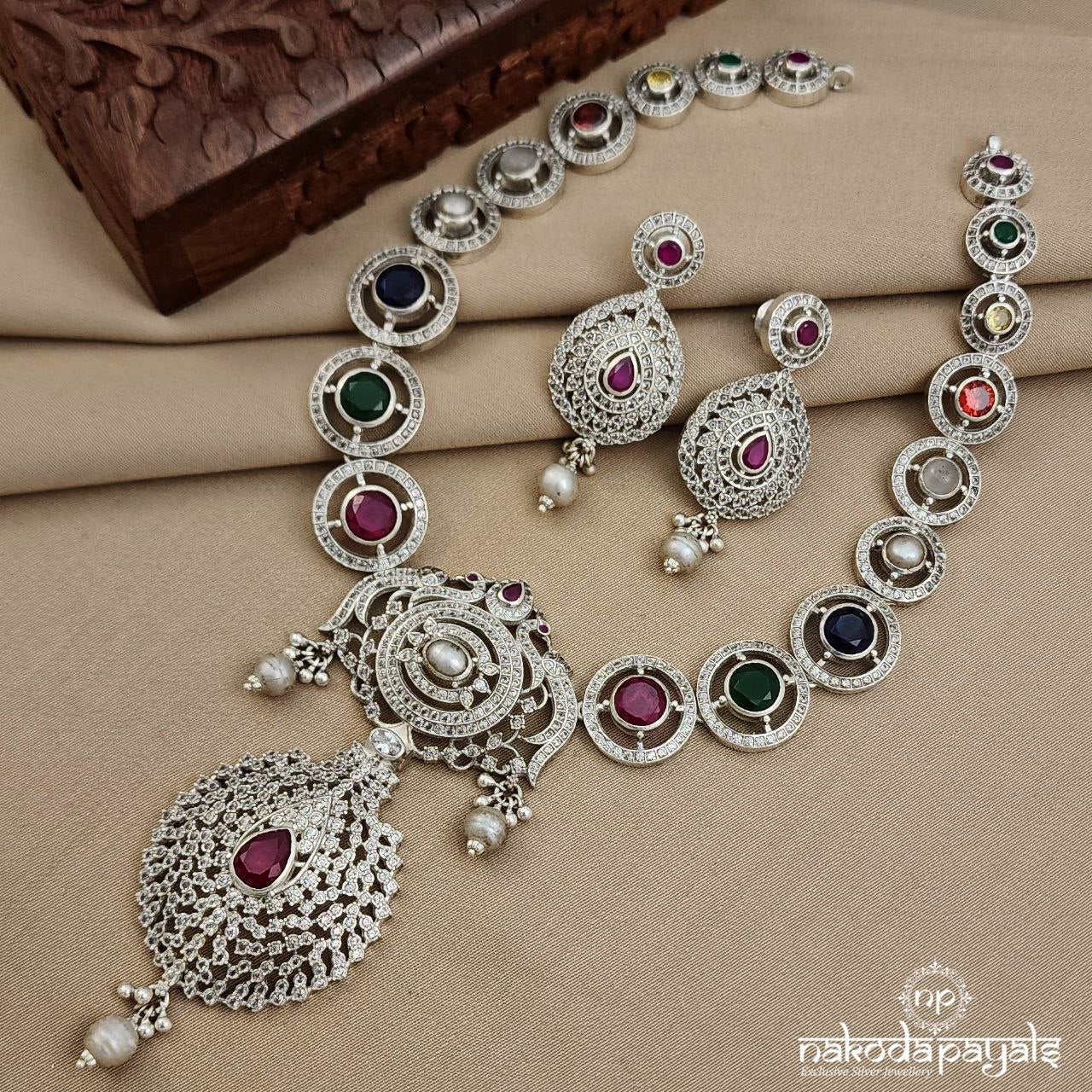 Glittering Navaratna Neckpiece With Earrings (N10470)