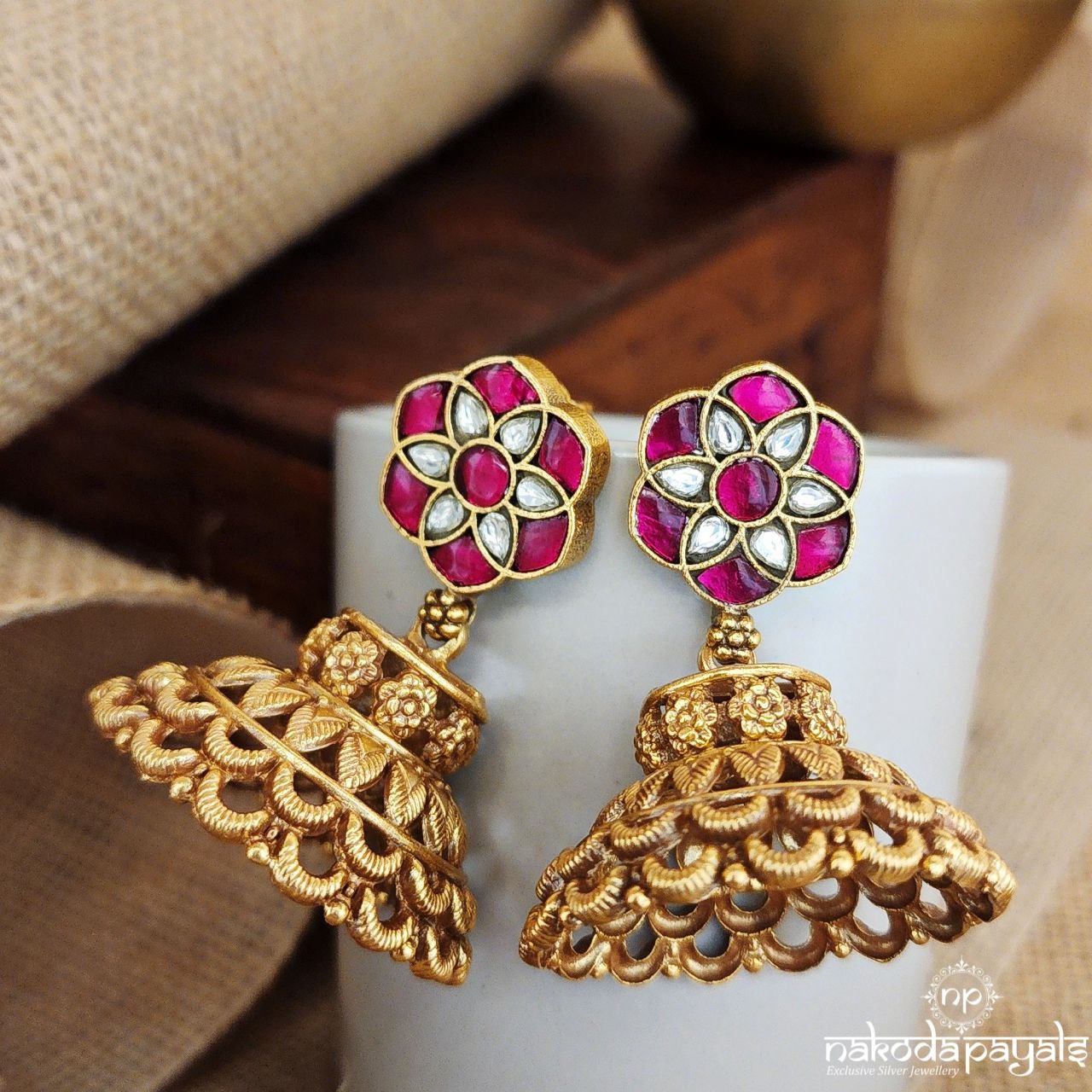 Pink Flower Kundan Jhumka (Ge8523)