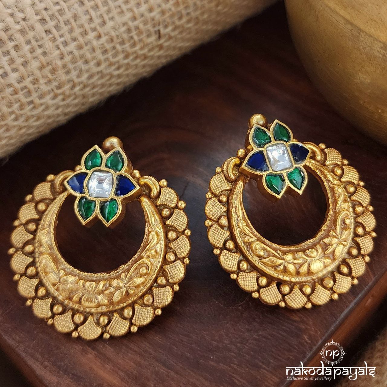 Blue & Green Kundan Chandbali (Ge8937)