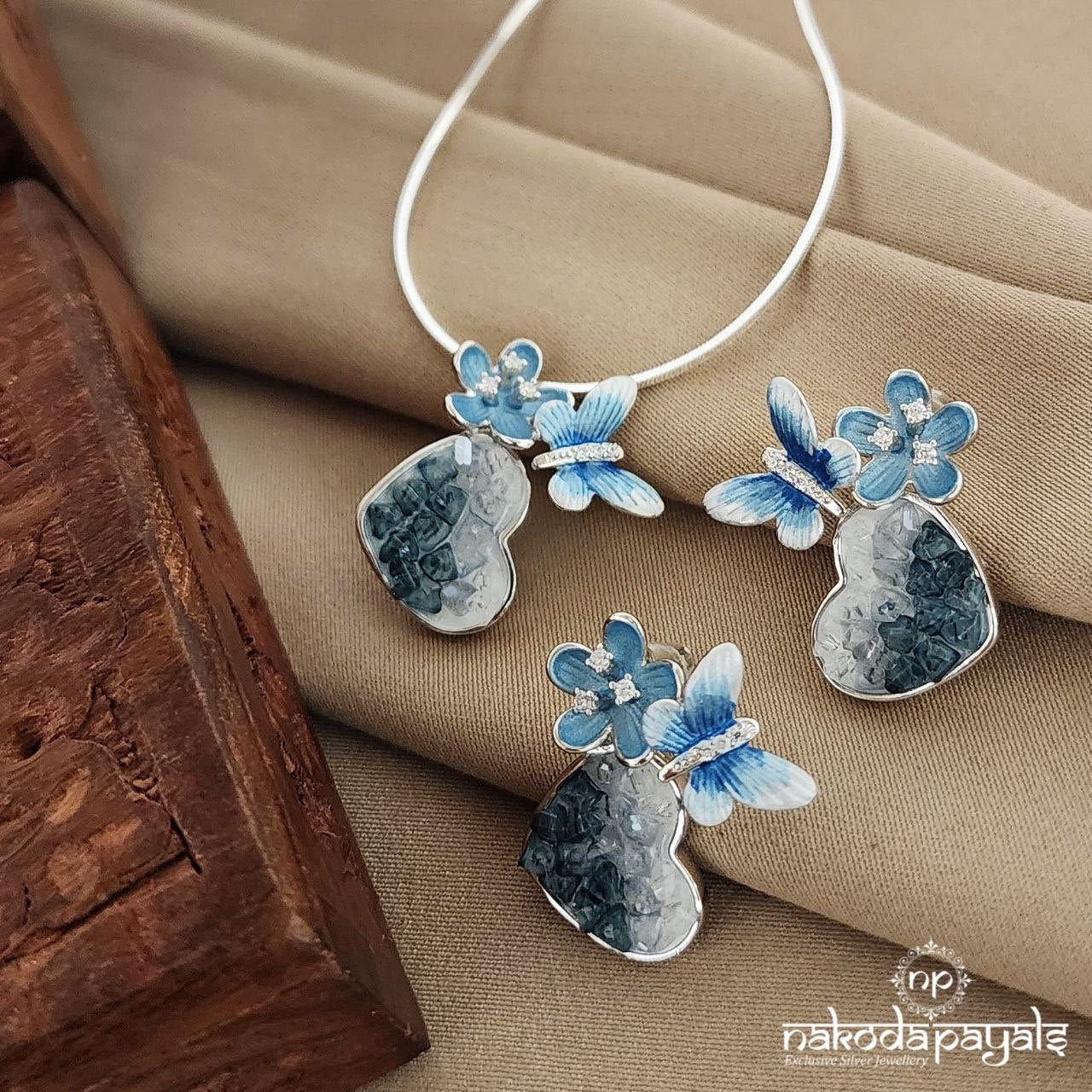 Crystal Blue Butterfly Pendant With Earrings (St2704)