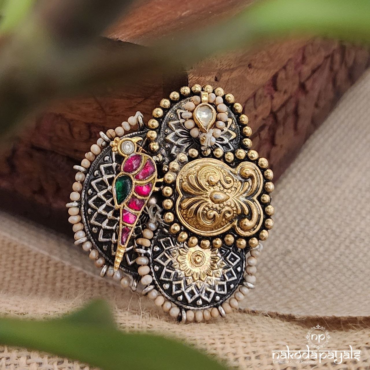 Kundan Bird Dual Tone Finger Ring (F2470)