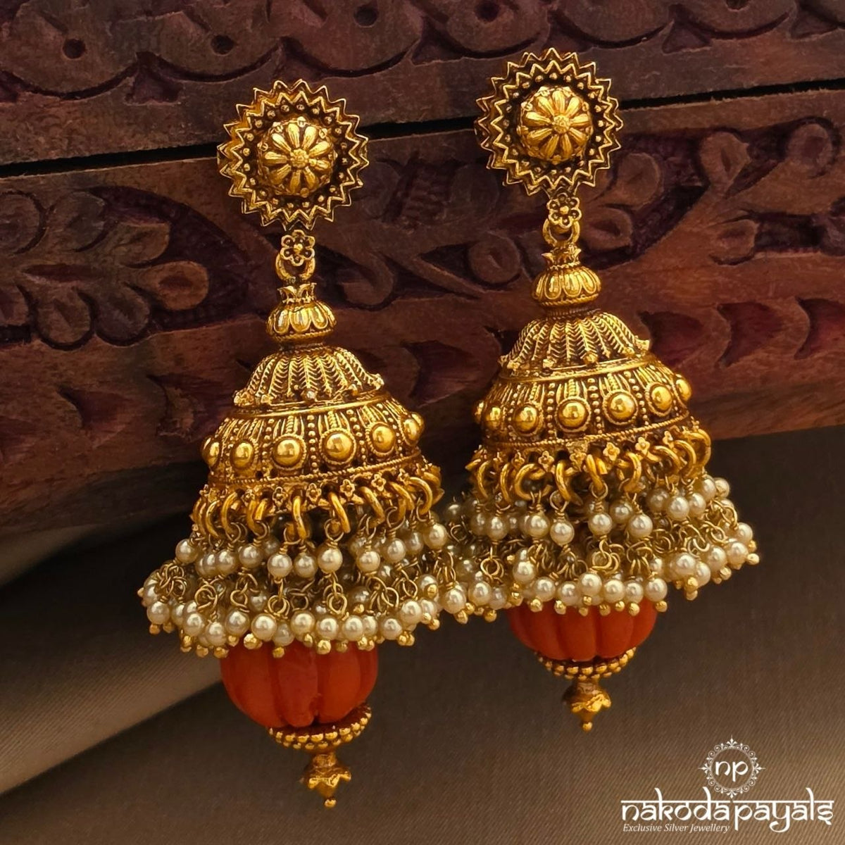 Coral Pearled Jhumka (Ge11506)