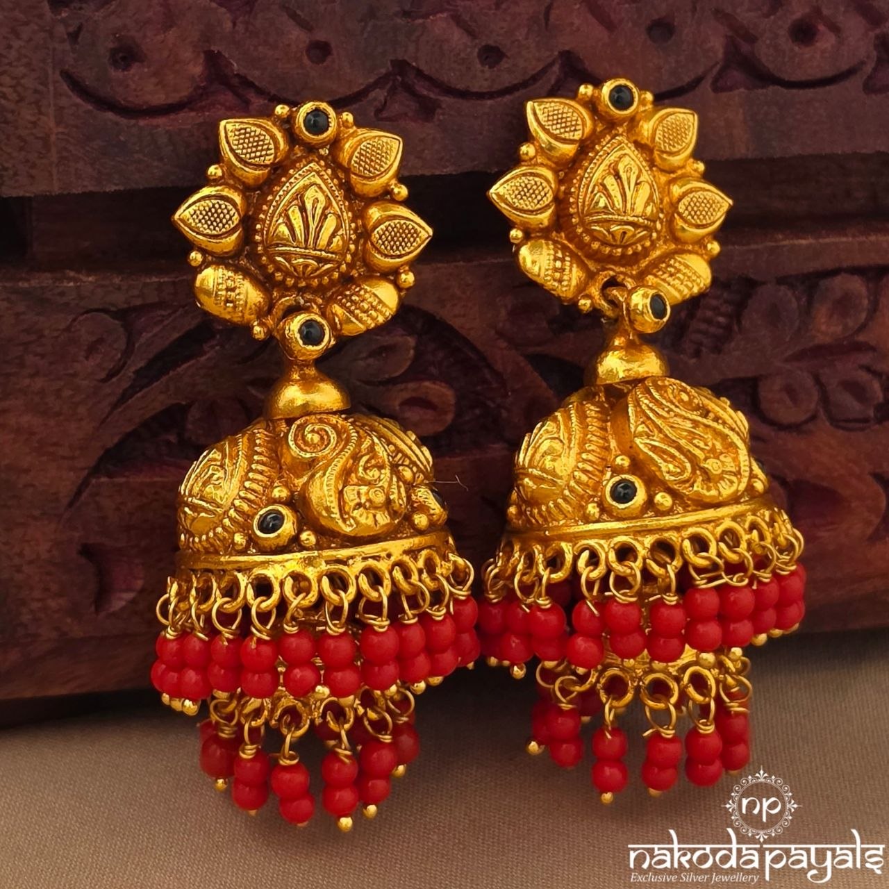 Coral Drop Leafy Jhumka (Ge11235)