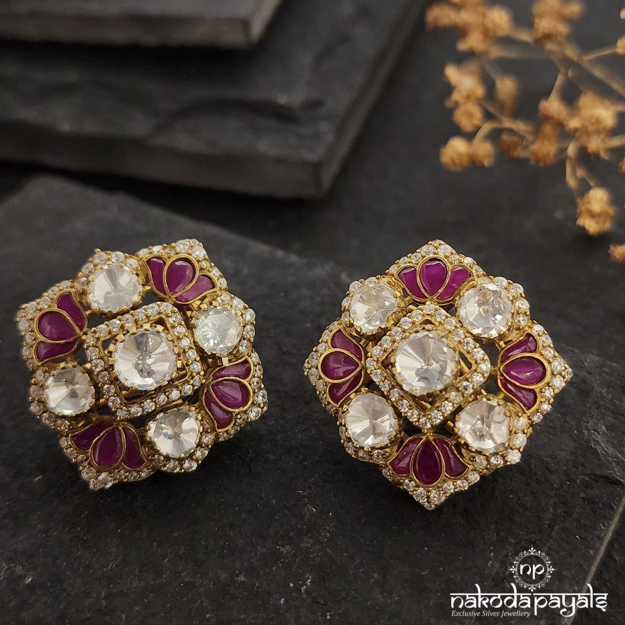 Squarish Pink Lotus Moissanite Studs (Ge8868)