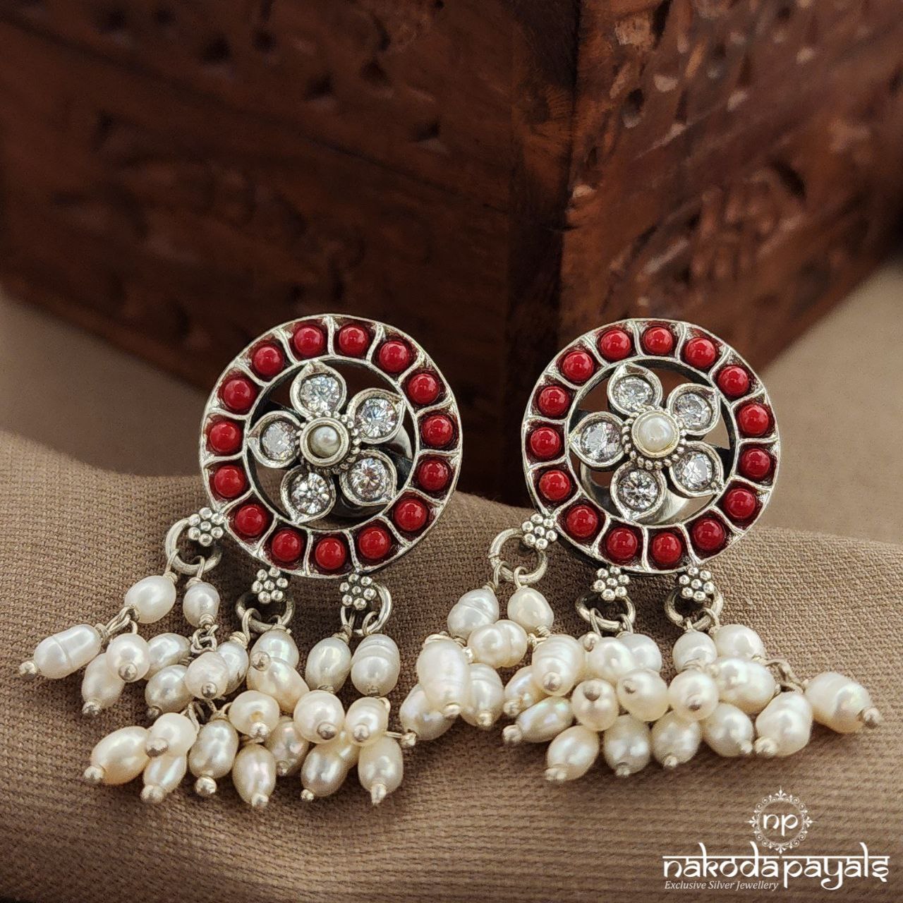 Coral Circular Pearled Drop Studs (S3827)