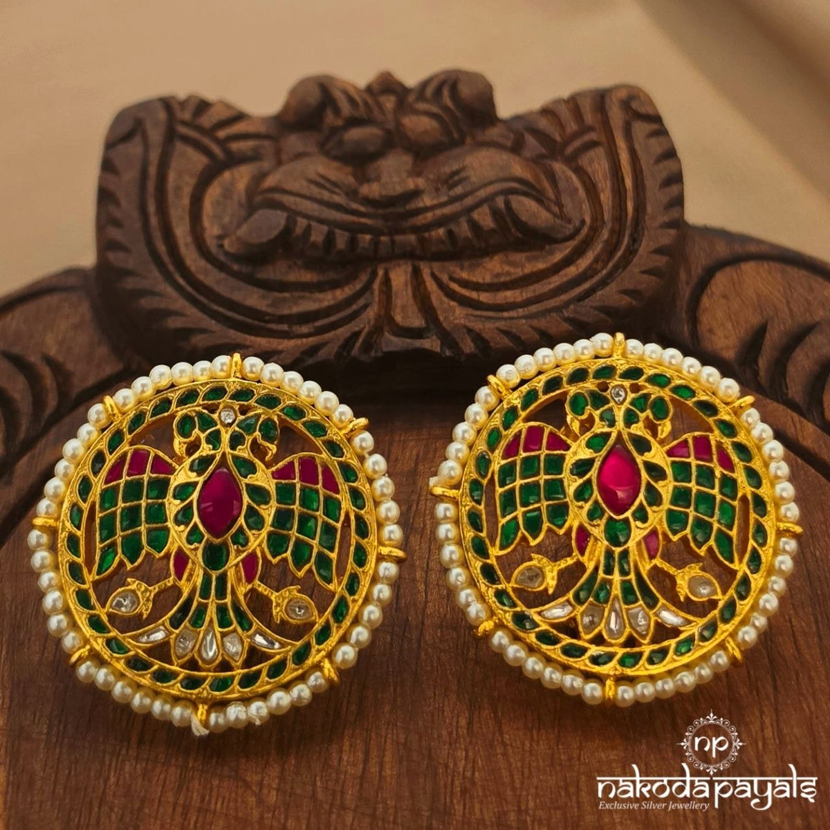 Green Gandaberunda Kundan Studs (Ge11536)