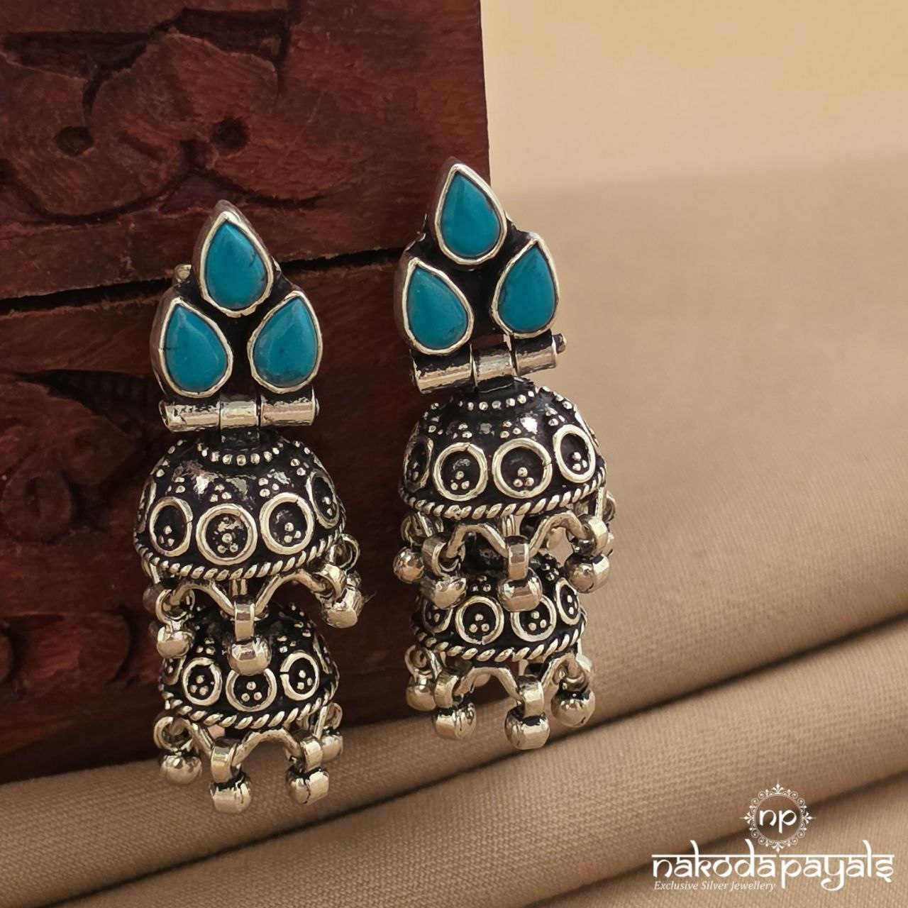 Trio Turquoise Oxidised Jhumka (J1758)