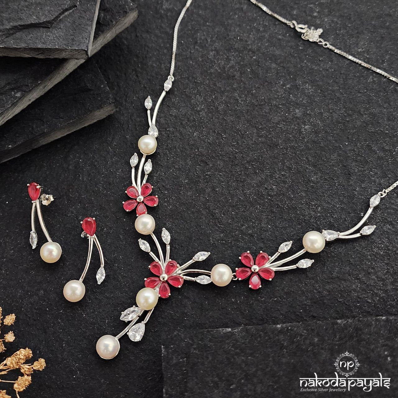 Graceful Ruby Pearled Neckpiece With Earrings (St3333)