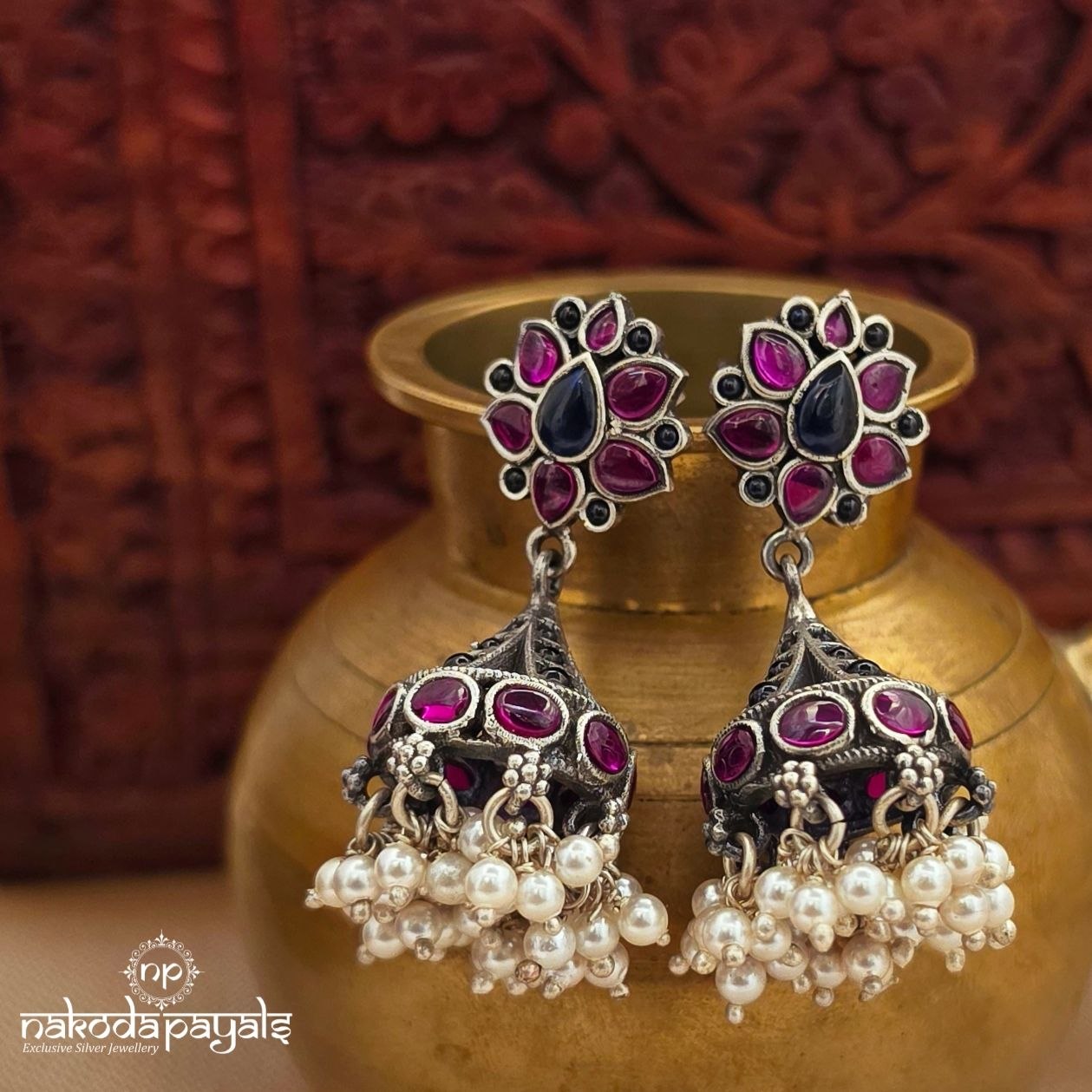 Blue & Pink Pearled Jhumka (J1615)