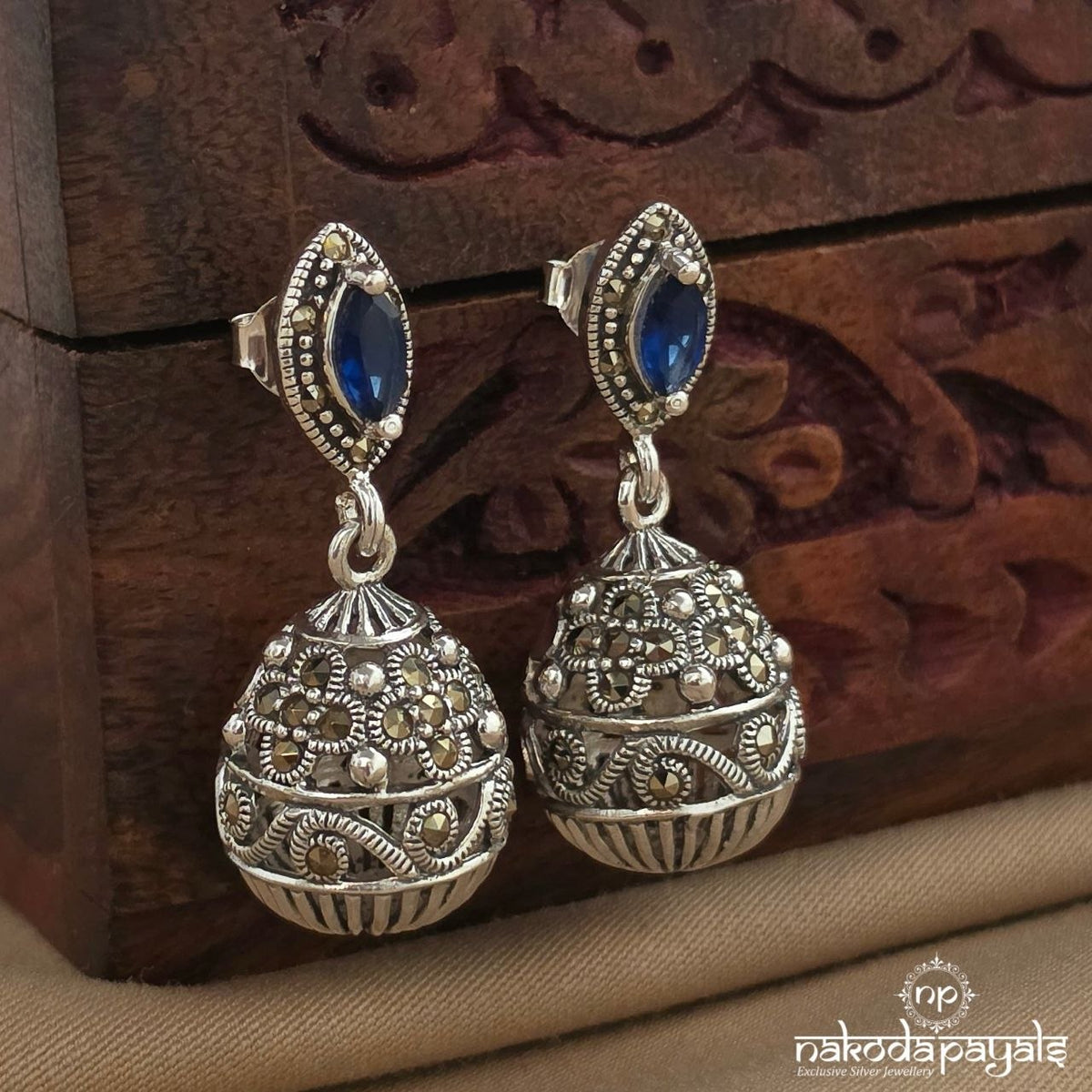 Blue Ball Drop Marcasite Earrings (St4179)