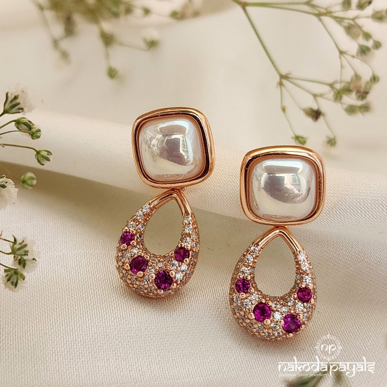 Squarish Pearl Floral Drop Earrings (St2907)