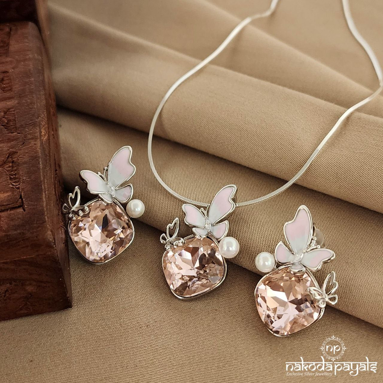 Pink Butterfly Pendant With Earrings (St2707)