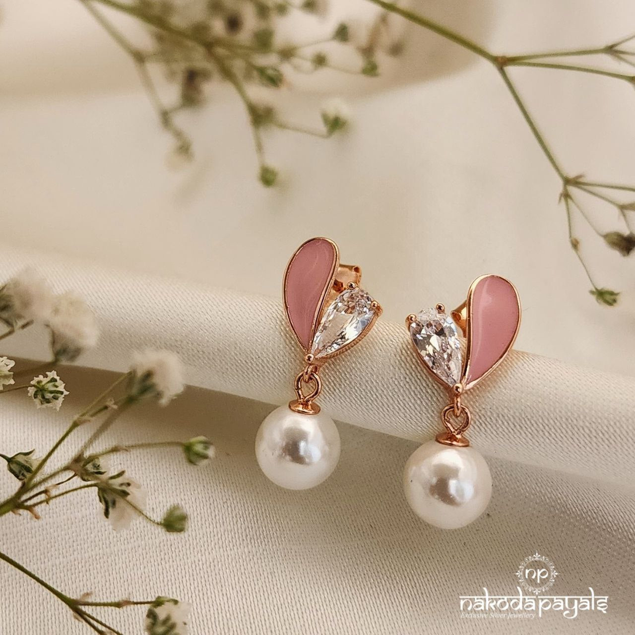 Pink Heart Pearl Drop Earrings (St2889)